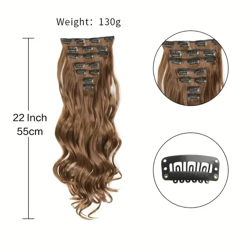 LAQTA clip-in hair extensions shown in a natural black color, styled to showcase length and volume on a model.