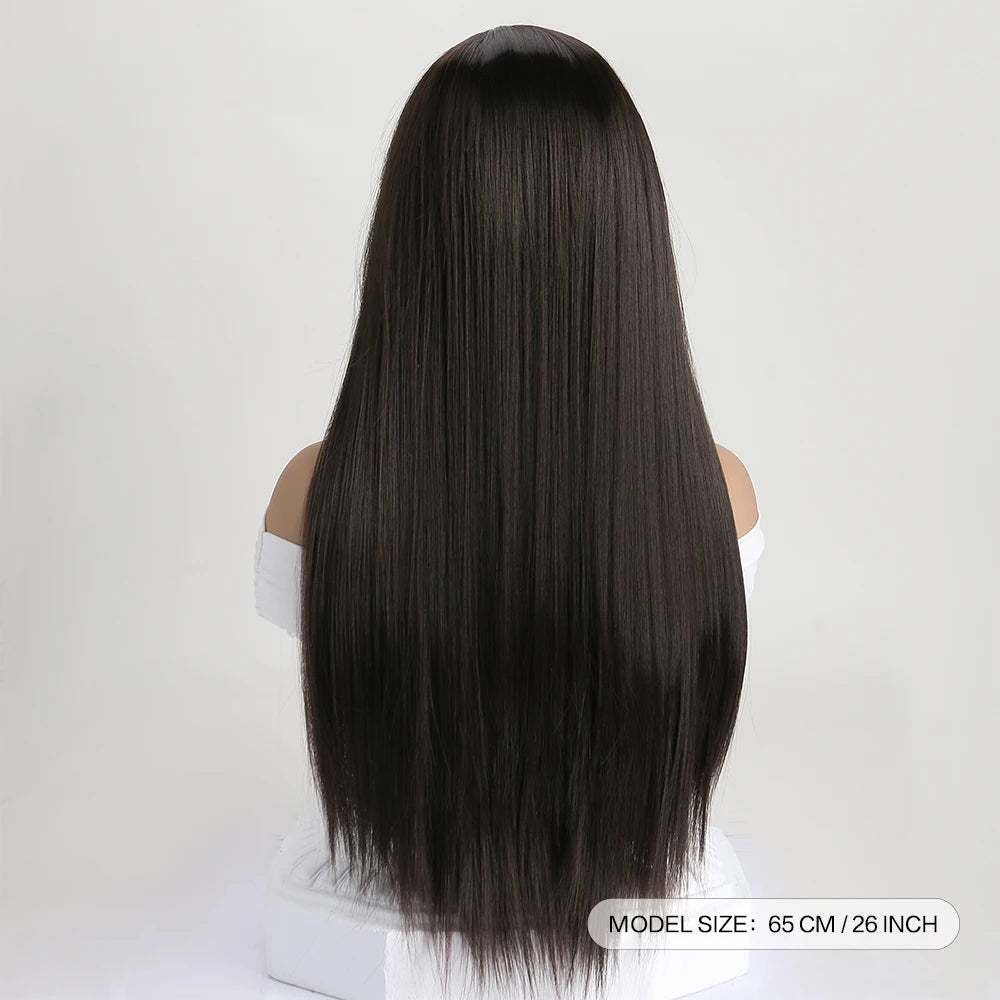 Long straight synthetic wig by LAQTA featuring smooth, sleek hair with a natural shine and a straight style.