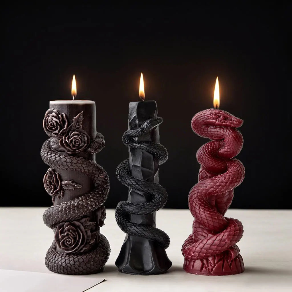 LAQTA Relief Snake Pillar Candle Mold showing flexible silicone mold with snake-shaped design for candle making.