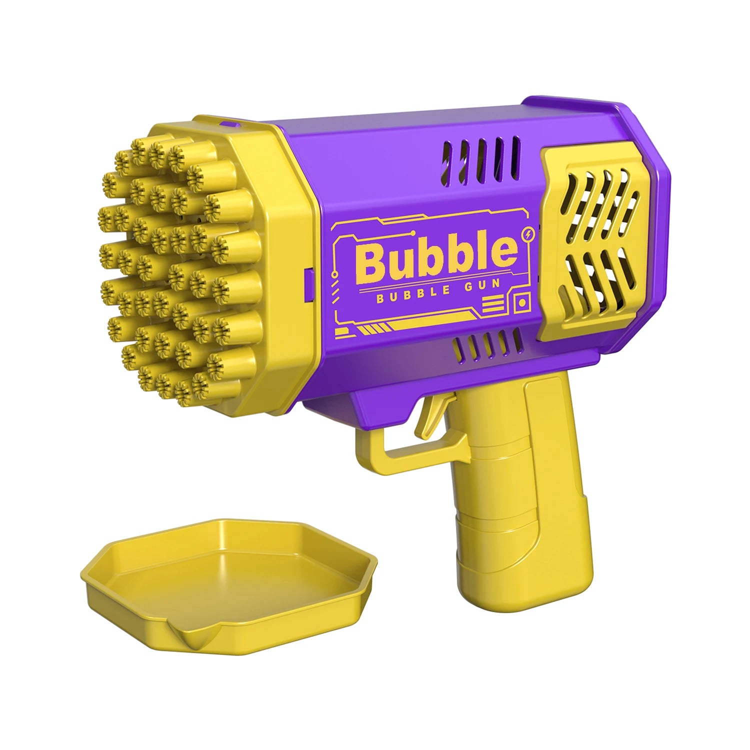 LAQTA fully automatic bubble machine emitting streams of bubbles, ideal for parties and outdoor fun.