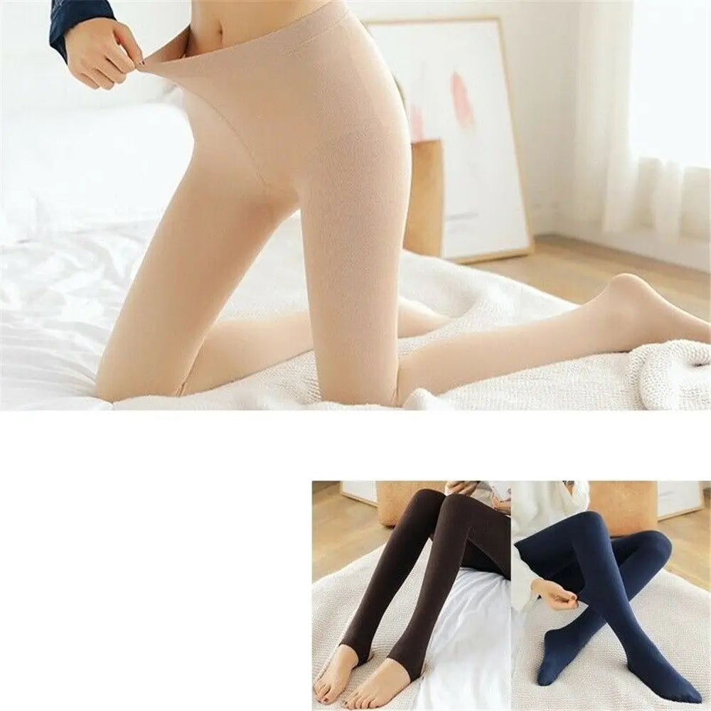 LAQTA fluff-lined stretch pantyhose, close-up of soft, cozy material and smooth fit for comfortable wear.