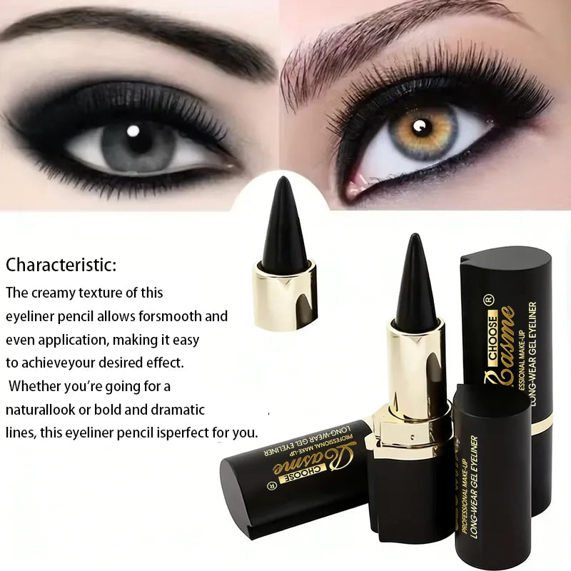 Close-up of LAQTA creamy texture eyeliner in a sleek black pencil with smooth application surface.