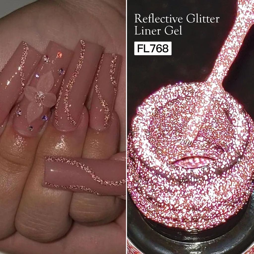 LAQTA reflective glitter eyeliner showing a close-up of the shimmering, glittery silver liner on a model's eye.