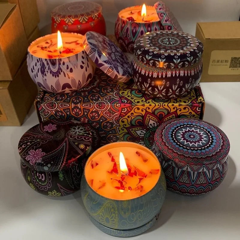 Vintage Can Candles by LAQTA, featuring rustic metal cans with lit wax candles, ideal for cozy décor and ambient lighting.
