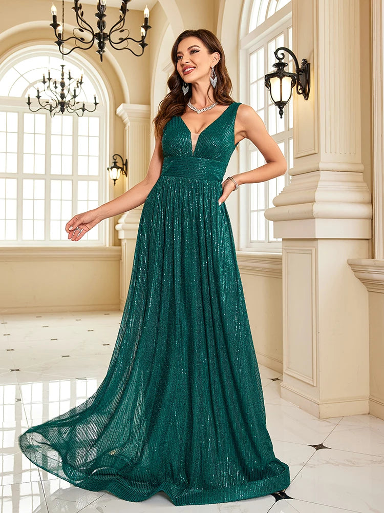 Women’s green luxury V-neck sleeveless formal dress by LAQTA, shown on a model with elegant styling.