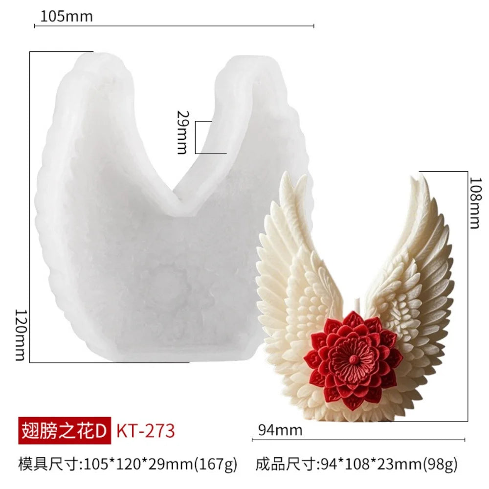 LAQTA 3D Wings Flower fragrance candle silicone mold showing detailed wing and flower designs in flexible silicone material.