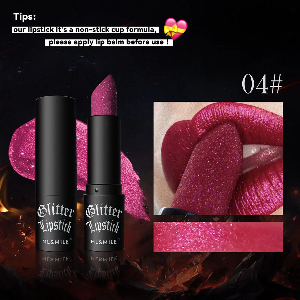LAQTA waterproof glitter lipstick in vibrant, shimmering shade, shown with a smooth, bold lipstick application.