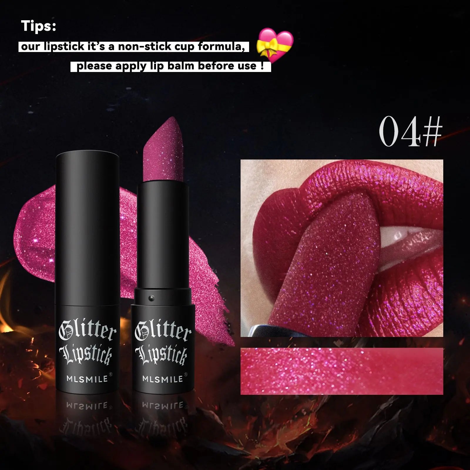 LAQTA waterproof glitter lipstick in vibrant, shimmering shade, shown with a smooth, bold lipstick application.