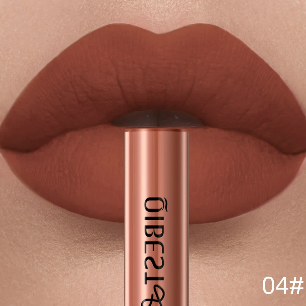 LAQTA matte liquid lipstick in deep nude shade, shown in a sleek tube with a precise applicator and smooth matte finish.