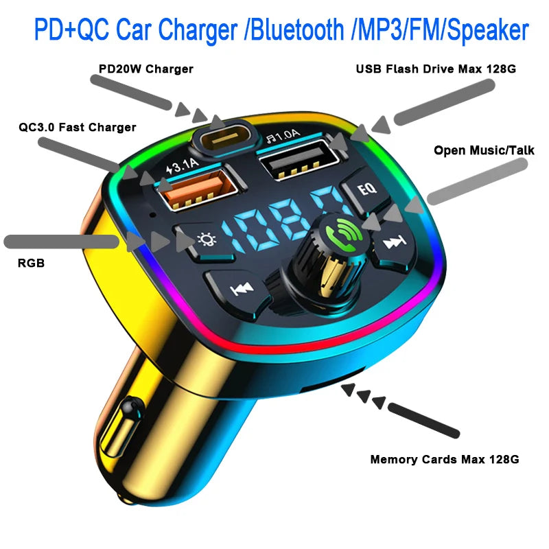 LAQTA Car Bluetooth 5.0 FM Transmitter connected to a vehicle dashboard with display screen and control buttons.