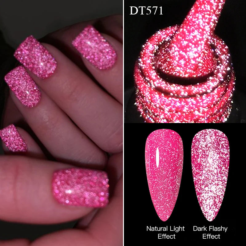 LAQTA fluorescent reflective gel nail displayed on nails with glowing, vibrant finish in a professional setting.