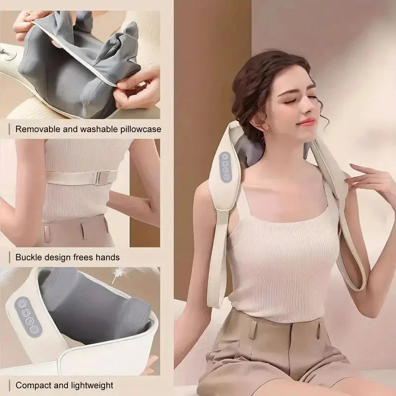 LAQTA neck massager showing ergonomic design with adjustable straps and soft padding for soothing relief.