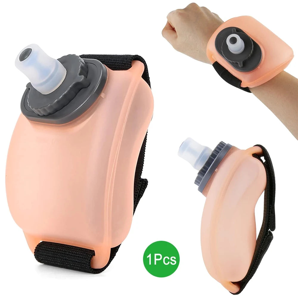 LAQTA wrist water bottle shown with adjustable strap and transparent container for on-the-go hydration.