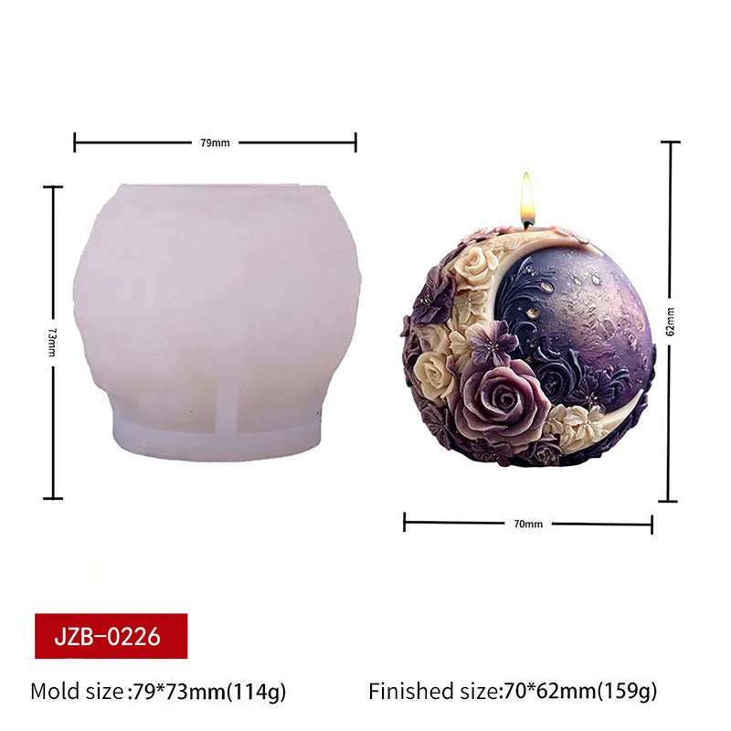 Silicone mold for floral moon-shaped candles, featuring spherical design, by LAQTA for creating decorative candle shapes.