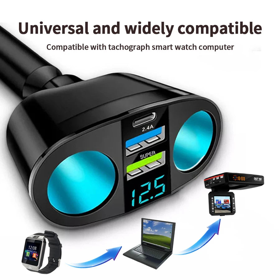 LAQTA dual-port car charger adapter with two USB ports, compact design, and sleek black finish for charging devices on the go.