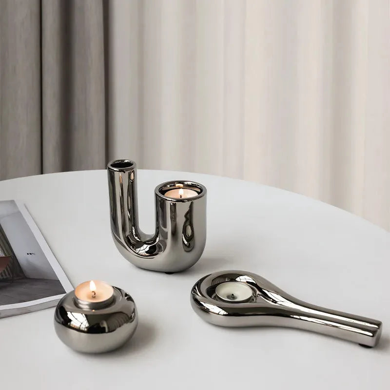 Luxury electroplating silver geometric ceramic candlestick by LAQTA with modern, sleek design and a polished finish.