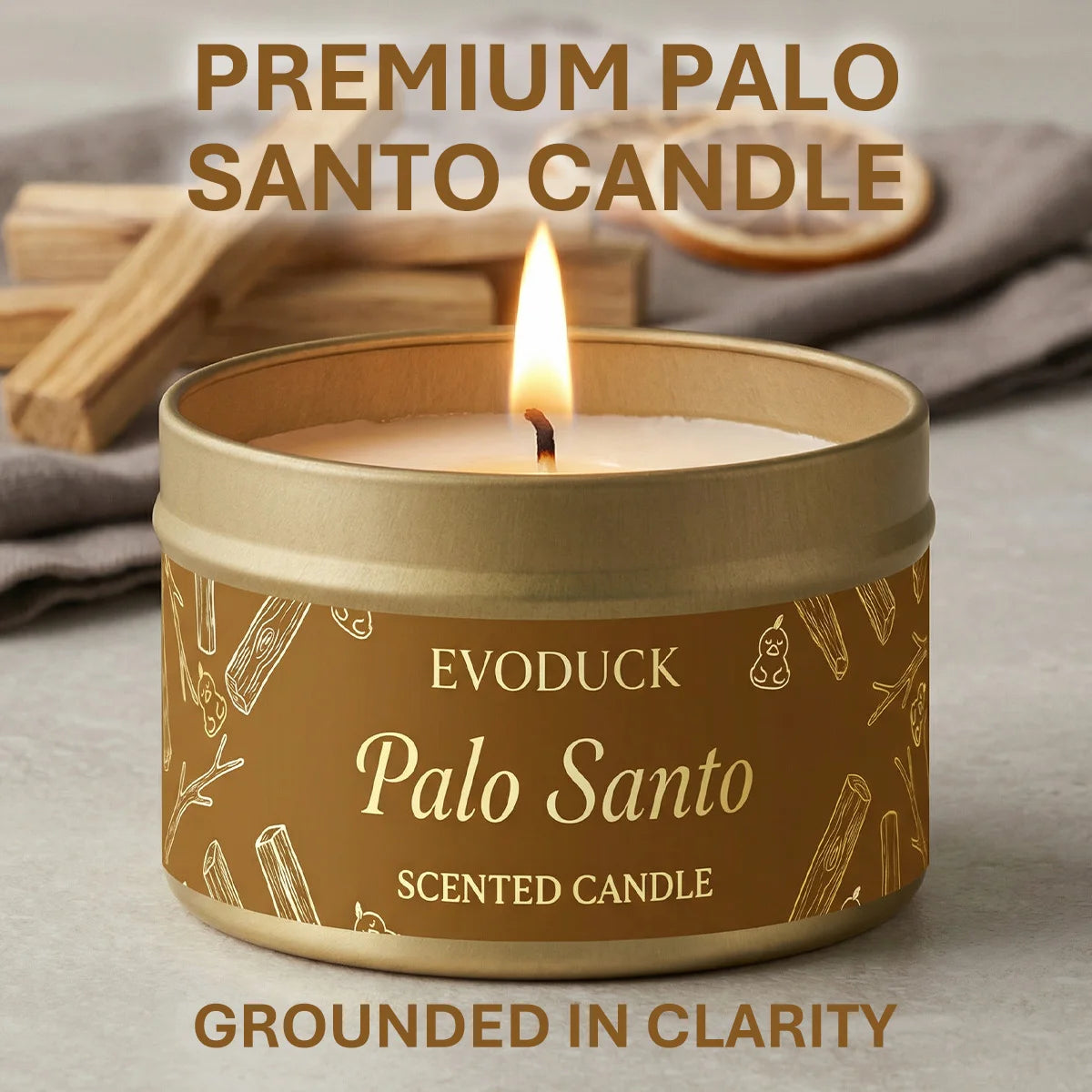 LAQTA Palo Santo scented candle in a glass jar, featuring warm, earthy tones and a wooden wick for a calming aroma.