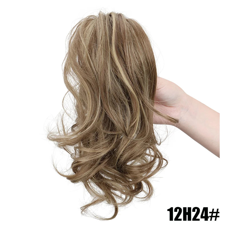 Short curly clip-in ponytail extension by LAQTA with natural curls and secure clip for easy hair length and volume enhancement.