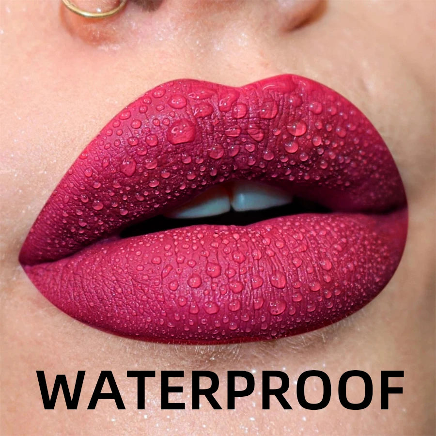 LAQTA matte velvet lip gloss tube with applicator, showcasing smooth, velvety finish in a sleek container.