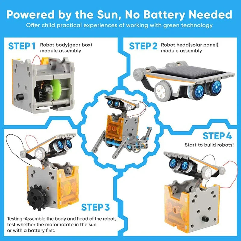 LAQTA 12-in-1 science experiment solar robot toy showing assembled solar-powered robot with multiple configurations and colorful components.