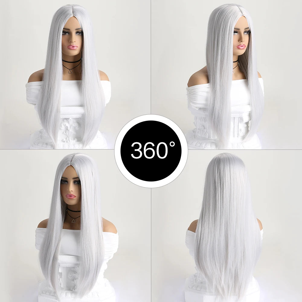 Long straight synthetic wig by LAQTA with sleek, smooth hair flowing down, styled naturally on a head mannequin.