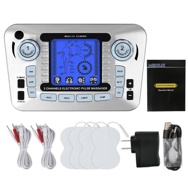 LAQTA digital electric pulse massager with 12 modes, showing a compact device with control buttons and display screen.