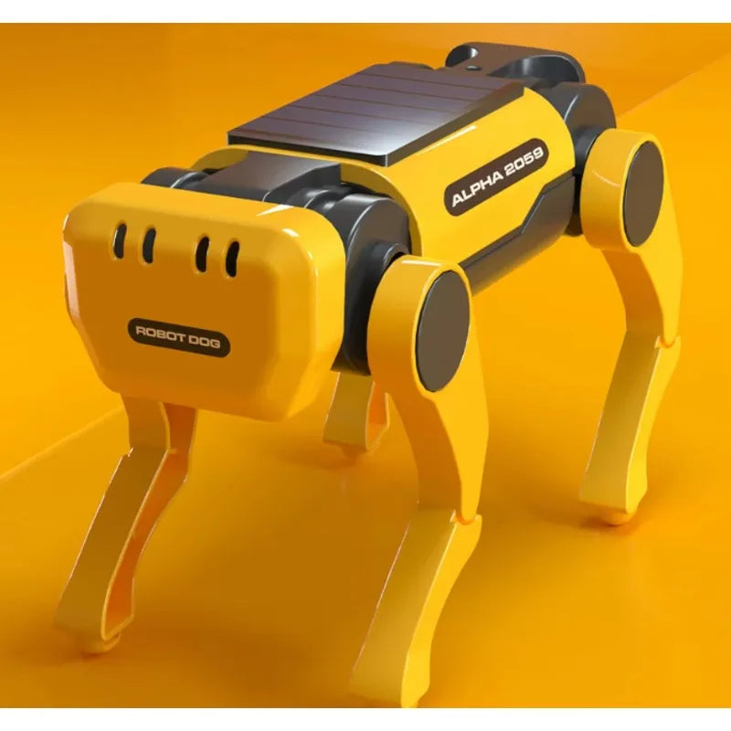 LAQTA Robot Dog Science Experiment Kit showing assembled robot dog with electronic components and colorful wires on a work surface.