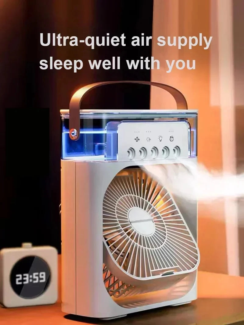 LAQTA 3-in-1 fan and air conditioner unit with adjustable settings and modern design, shown in a home interior setting.