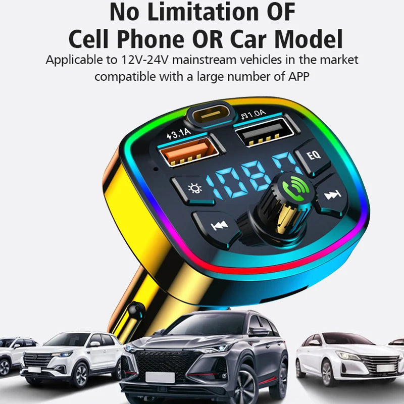 LAQTA Car Bluetooth 5.0 FM Transmitter connected to a vehicle's dashboard, featuring a sleek black design and digital display.