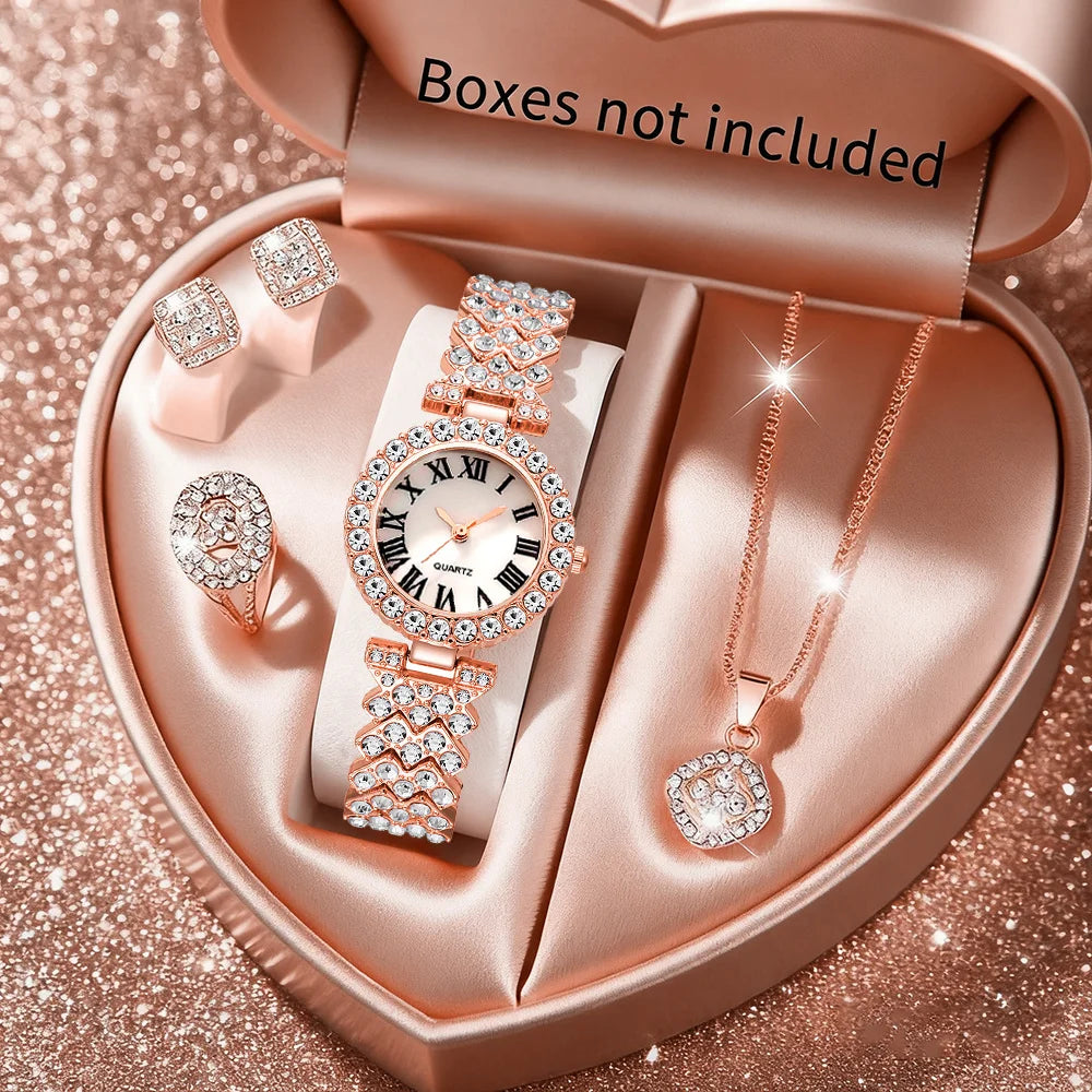 Five elegant LAQTA women's rhinestone watches with silver bands and sparkling watch faces, displayed on a neutral background.