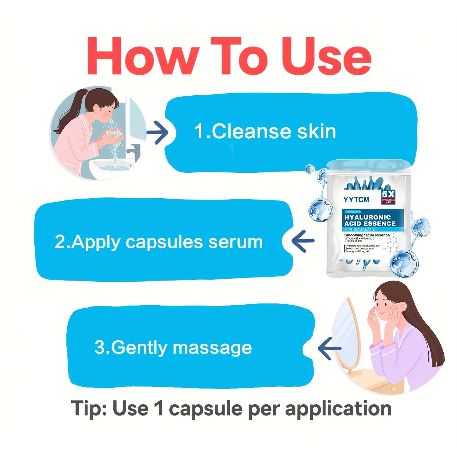 LAQTA Hyaluronic Acid Deep Moisturizing Capsule showing the small, clear gel capsules in a container, emphasizing hydration and skincare.