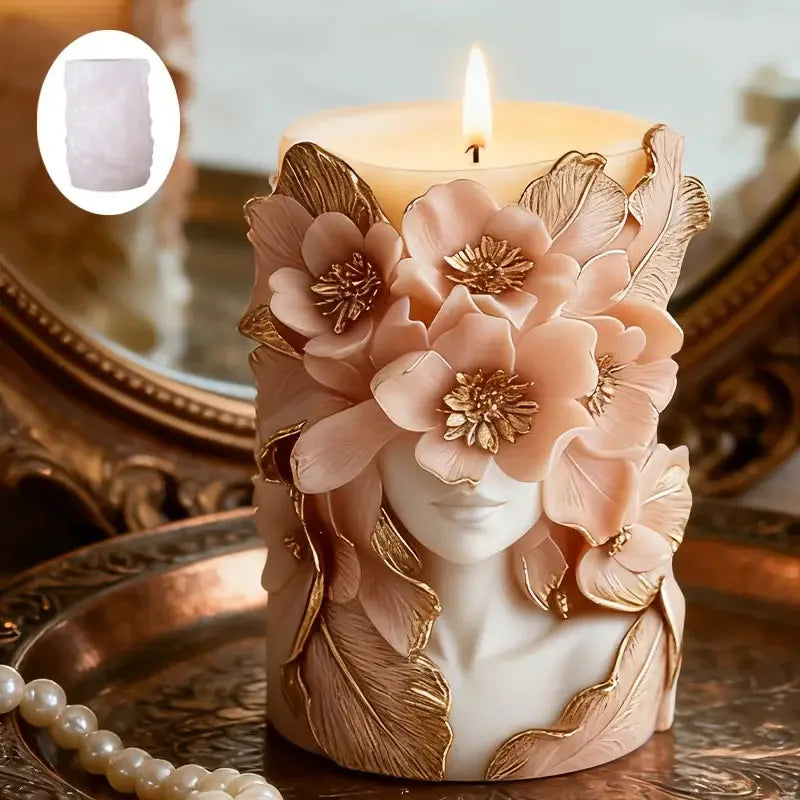 3D floral face candle mold by LAQTA, showing detailed flower and face designs in silicone for candle making.