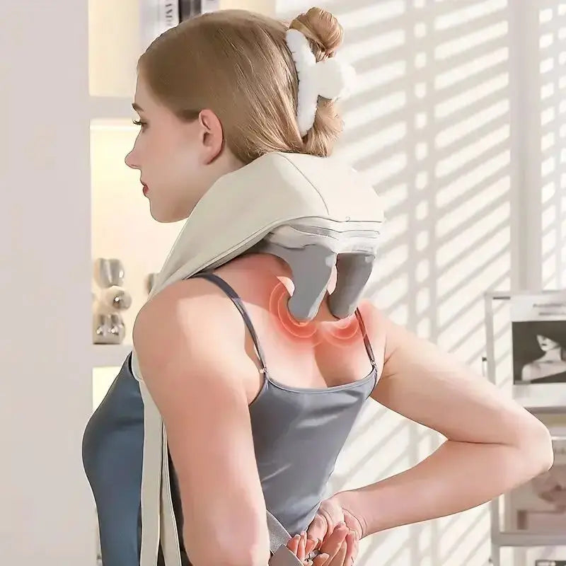 LAQTA neck massager in black with adjustable straps, designed for relieving tension and soothing neck muscles.