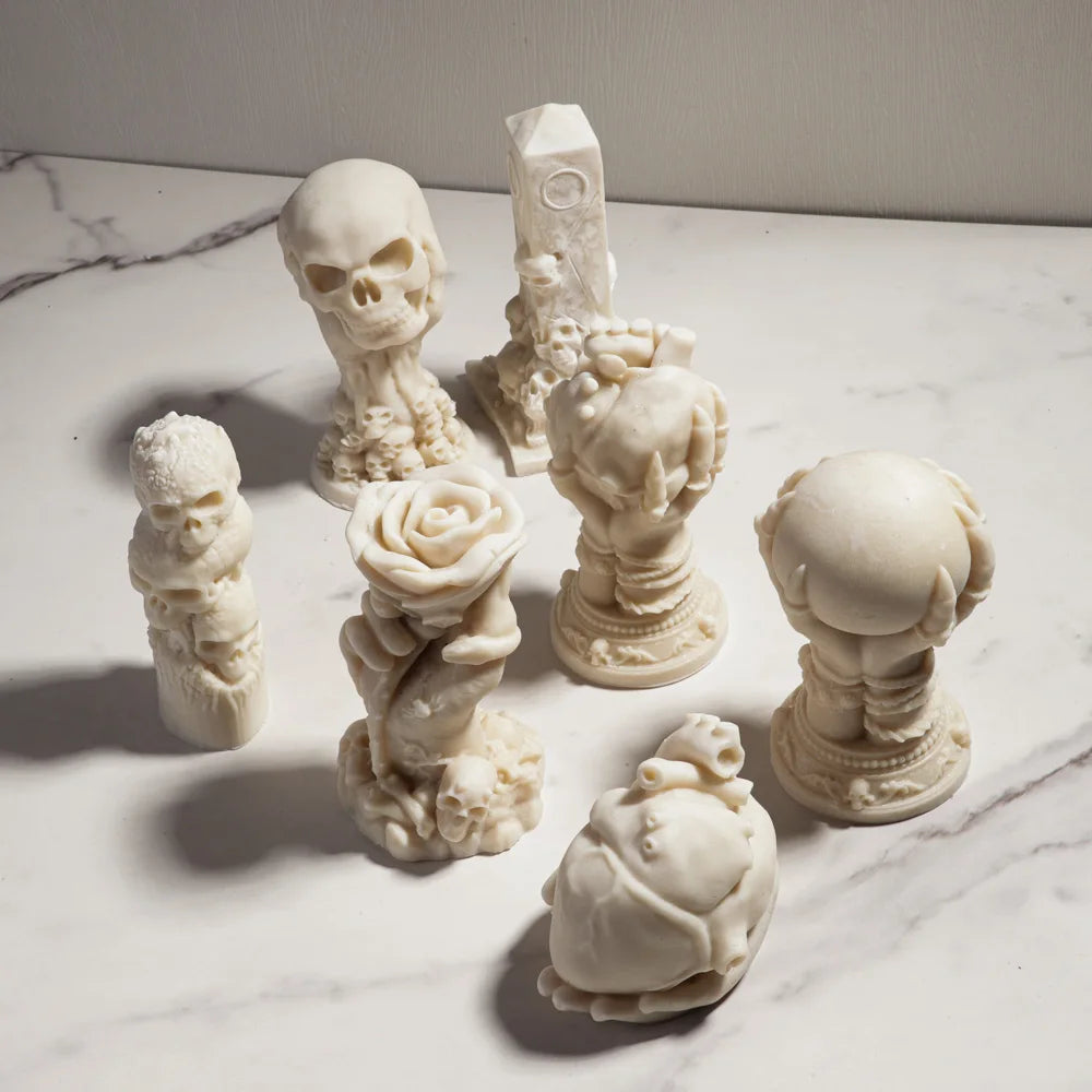 LAQTA Rose Relief Skull Candle Silicone Mold showing detailed skull shape with rose patterns for candle making.
