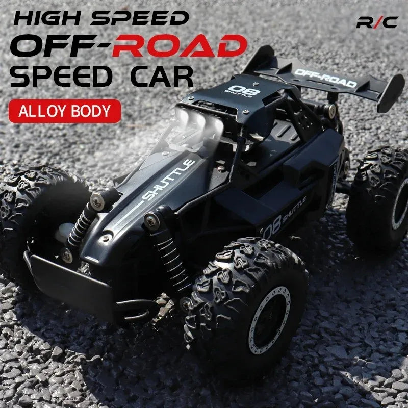 LAQTA RC off-road climbing car driving over rough terrain, showcasing durable tires and compact design for outdoor racing.