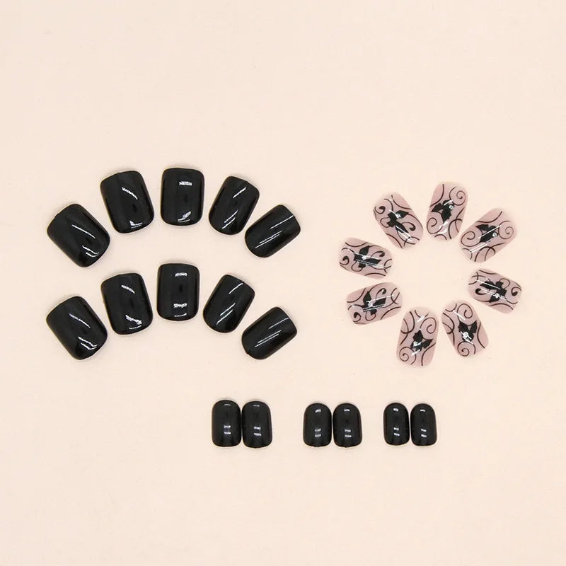 Set of 24 short square-shaped sour nails by LAQTA, displayed in a clear container with a variety of nail art options.