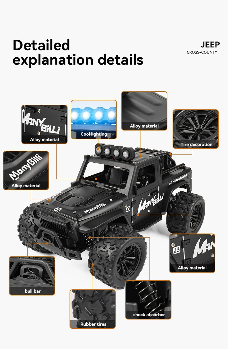 LAQTA 2.4GHz Remote Control Jeep with detailed exterior and rugged tires for outdoor off-road play.