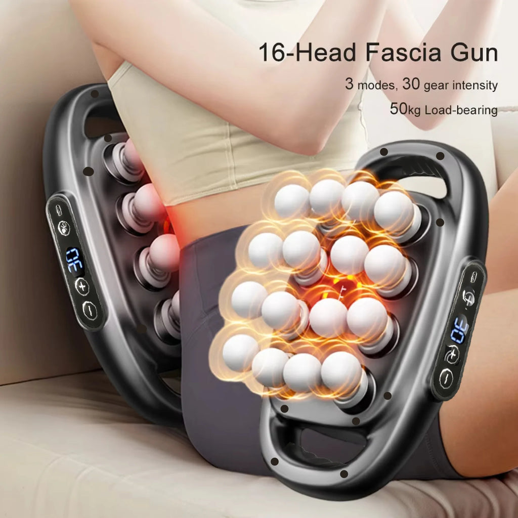 LAQTA massager gun set with multiple attachments, hand-held device for muscle relief and relaxation, shown with various heads.