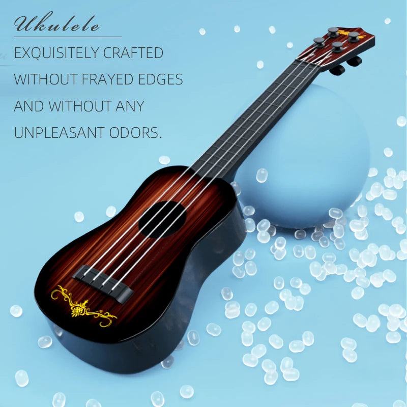 LAQTA children's guitar toy with colorful strings and small body, designed for young music enthusiasts and beginner players.