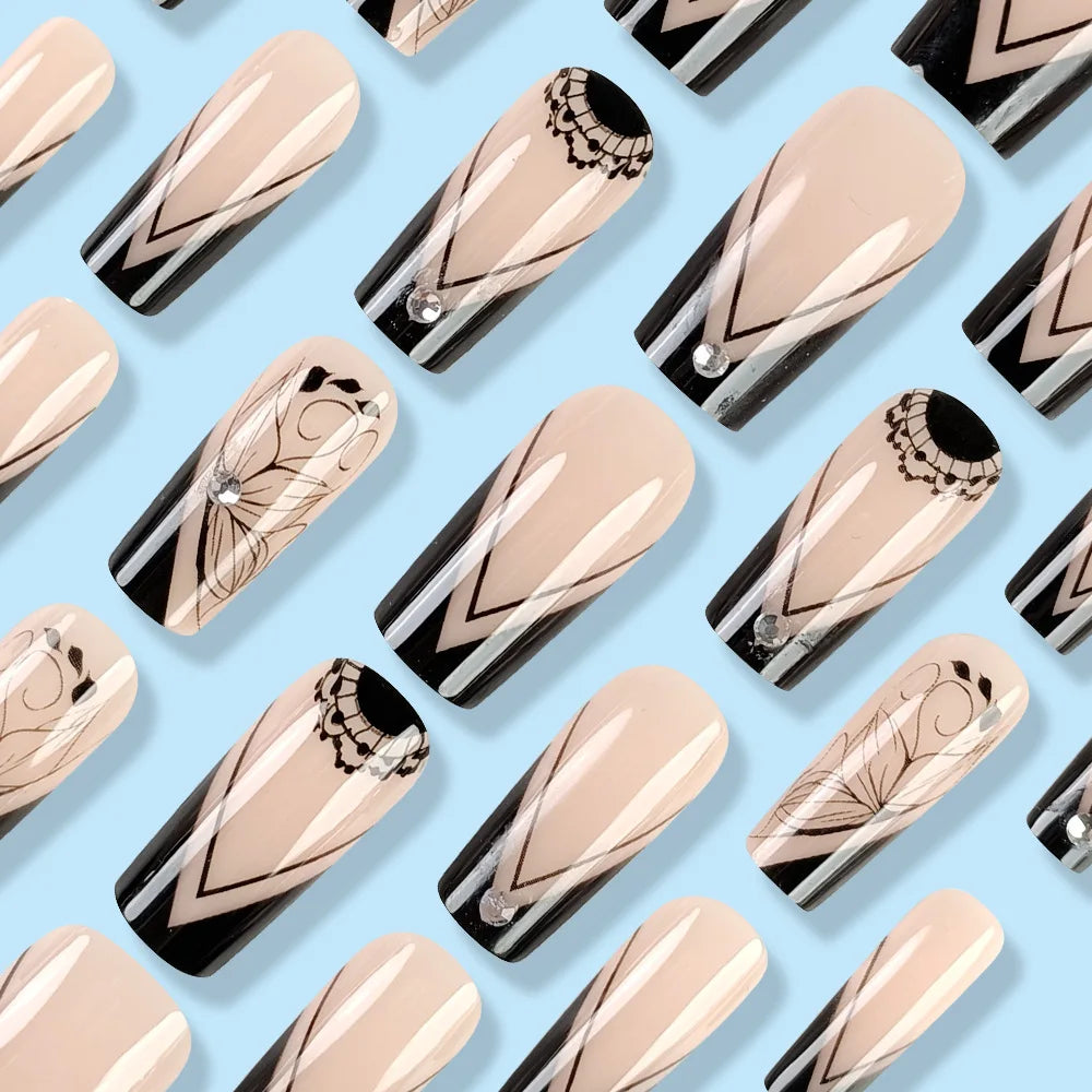 Short square fake nails by LAQTA, neatly arranged in a row showcasing natural and glossy nail tips.