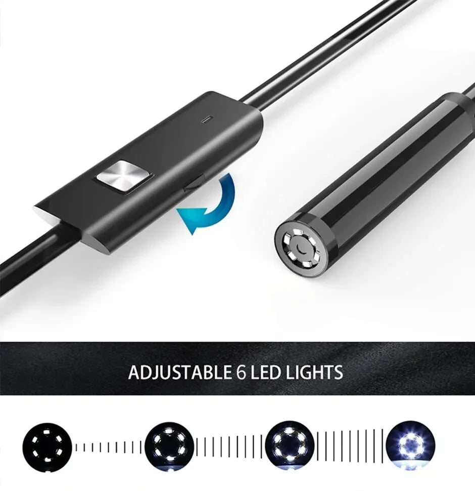 LAQTA 7.0mm Type-C endoscope camera with IP67 waterproof design, showing flexible camera probe and LED lights in use.