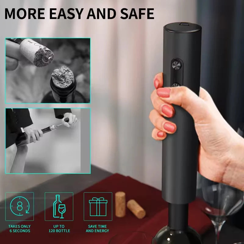 LAQTA electric wine bottle opener automatic device with black handle and stainless steel corkscrew in close-up view