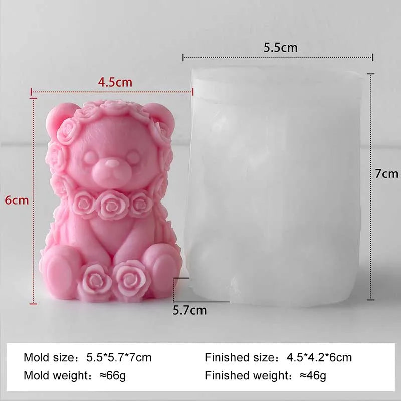 Silicone candle mold shaped like a love rose bear, designed by LAQTA, with detailed petal and bear features for crafting candles.
