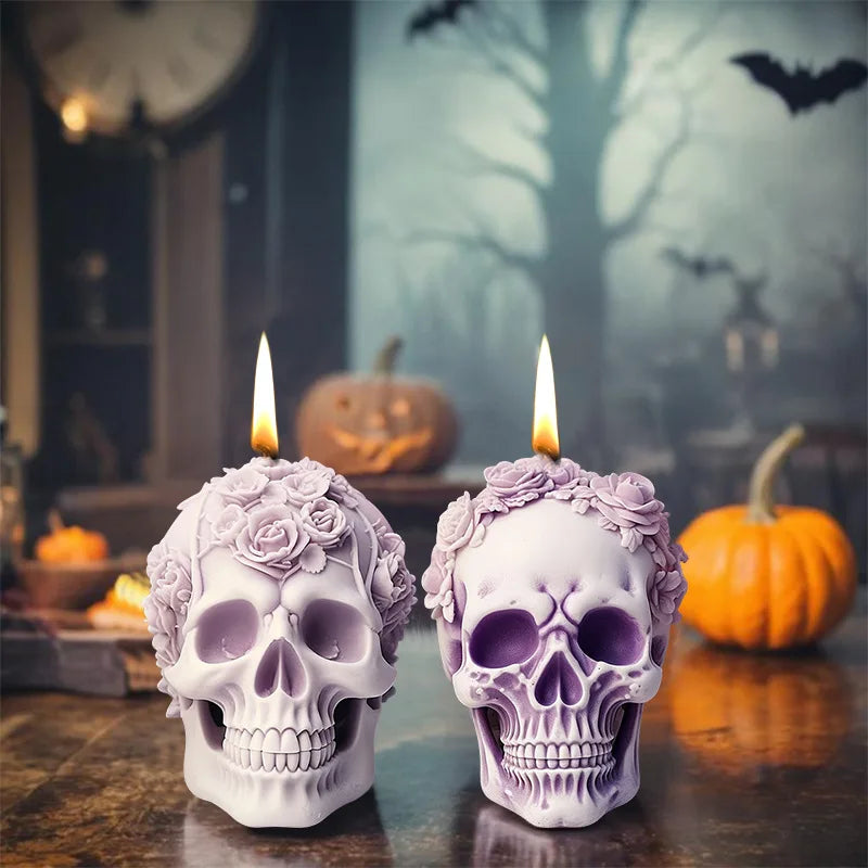Silicone candle mold shaped like a 3D rose skull with detailed flower patterns, ideal for creating unique LAQTA candles.