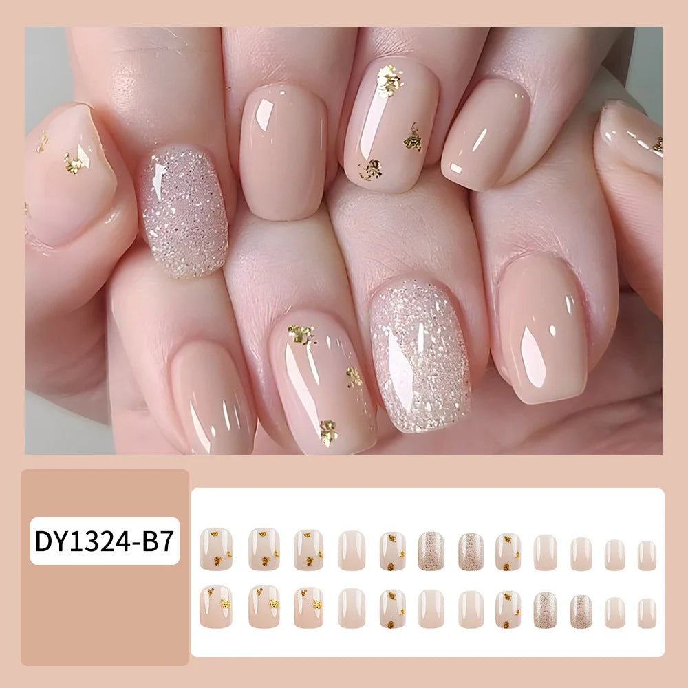 LAQTA short square fake nails in natural beige, showcasing a stylish and sleek nail design on a set of artificial nails.