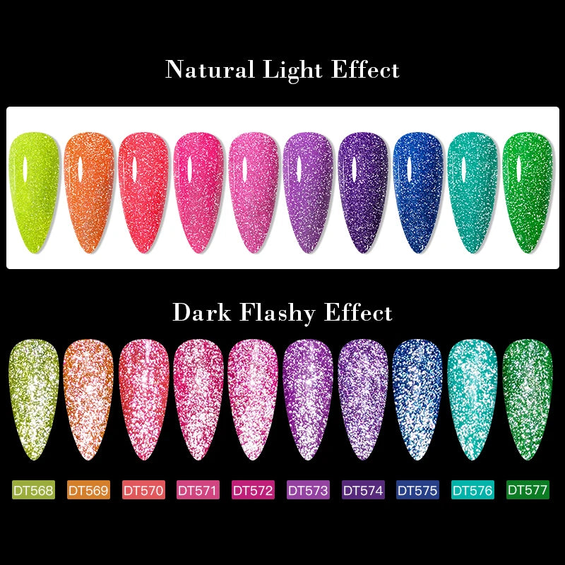 LAQTA fluorescent reflective gel nail polish bottle with vibrant, glowing gel nails on a hand showcasing the product's shimmer and color.