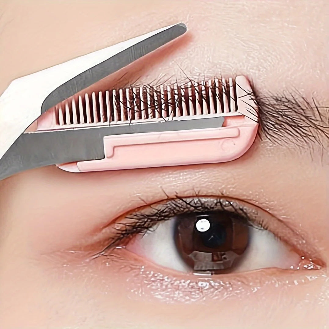Pink eyebrow trimming scissors from LAQTA with sharp blades and ergonomic handles for precise grooming.