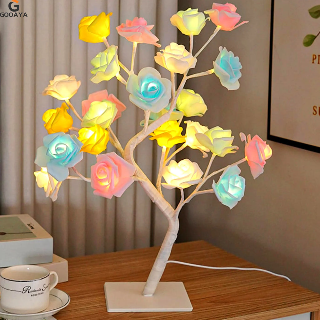 LAQTA LED rose leaf table lamp with illuminated floral design on a sleek table surface.