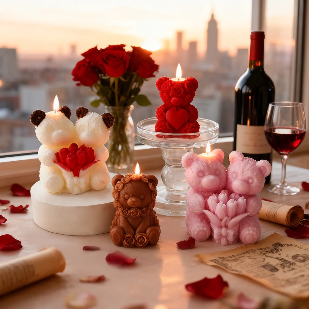 Love rose bear silicone candle mold by LAQTA, showing a detailed heart-shaped bear mold with rose patterns for crafting candles.