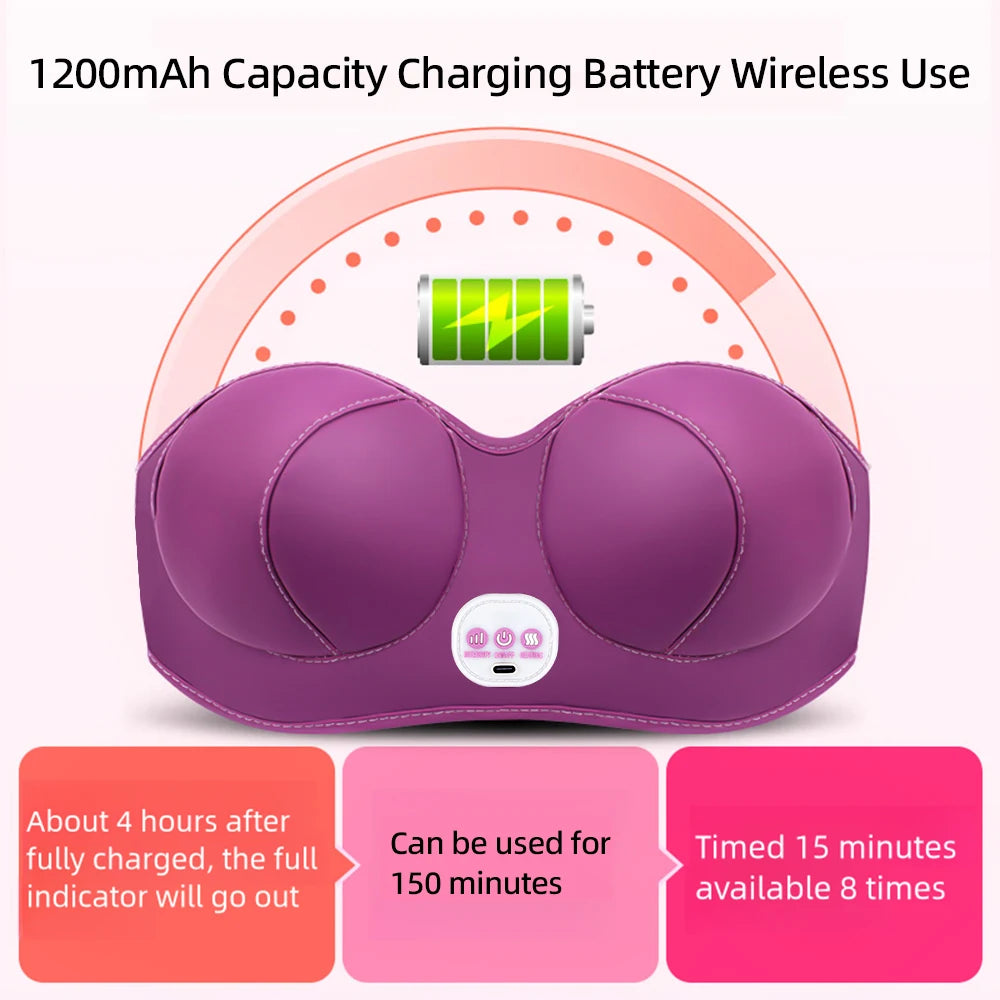 LAQTA electric breast massager with soft silicone cups and adjustable settings, shown in use for comfort and soothing relief.